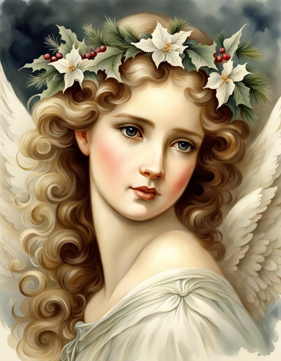 Victorian Christmas Angel Watercolor Painting