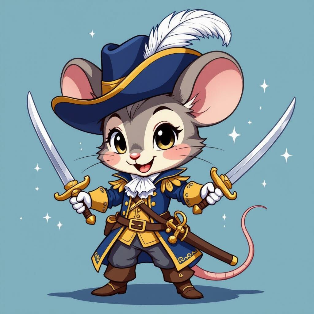Chibi Musketeer Mouse in Blue Uniform with Feathered Hat