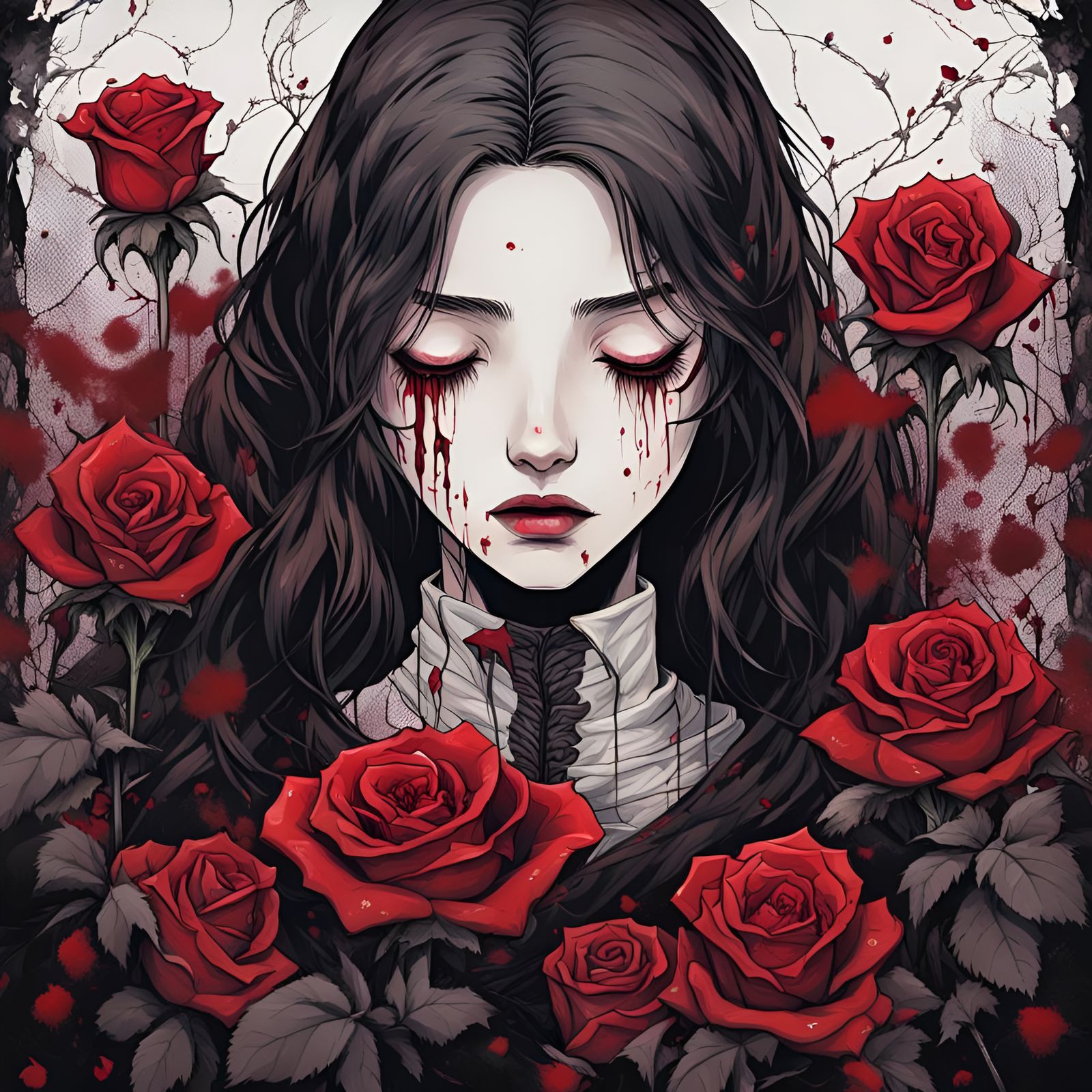 Gothic Portrait of Girl with Bloodred Rose