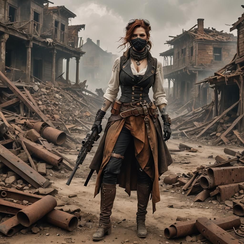 Steampunk Survivor in Ruined Village