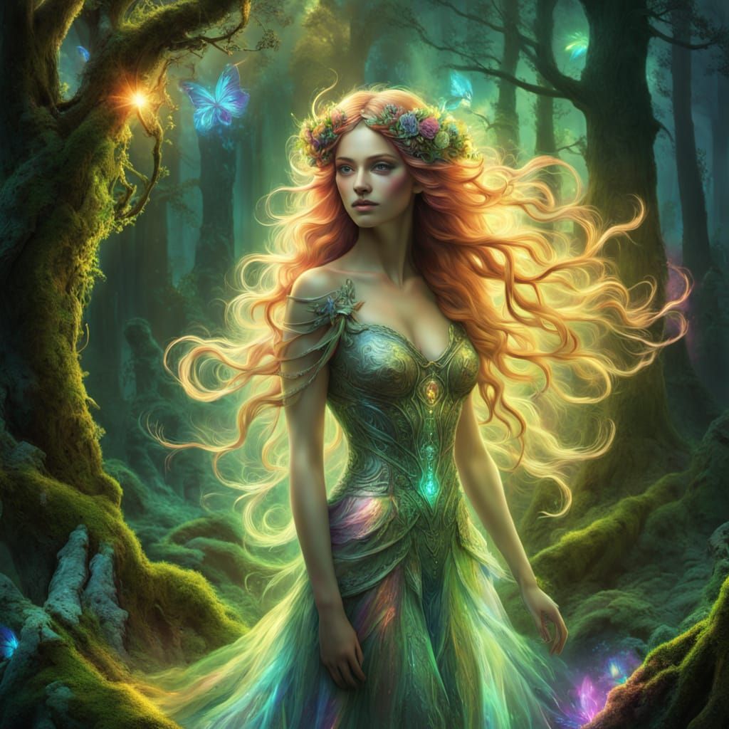Rainbow Dryad in Sun-Dappled Forest, Painterly Style