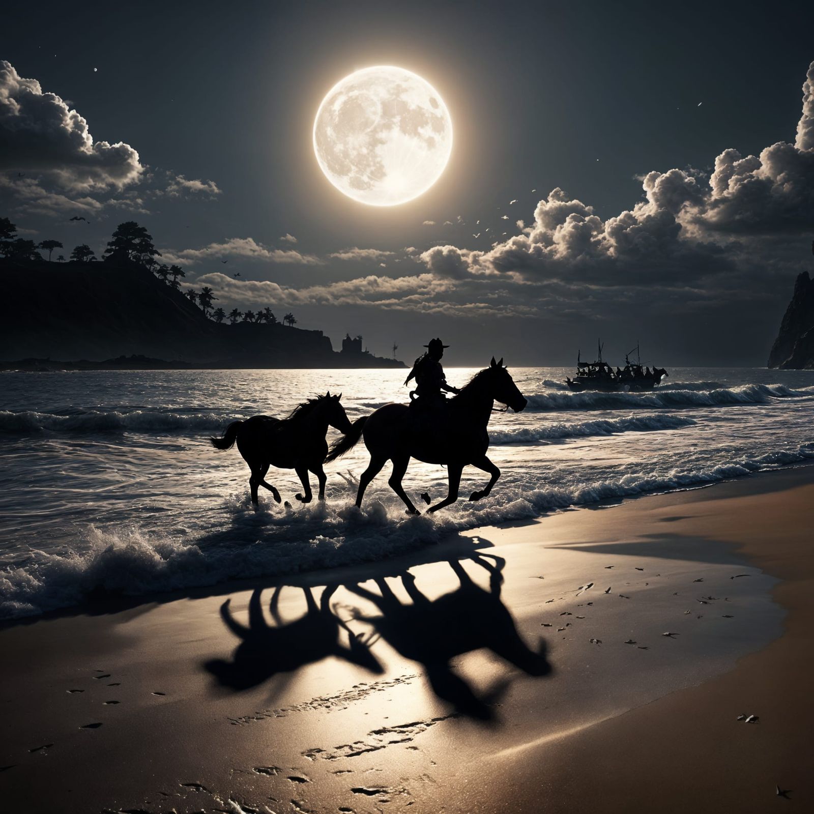 Horses Silhouetted on Moonlit Beach in 3D
