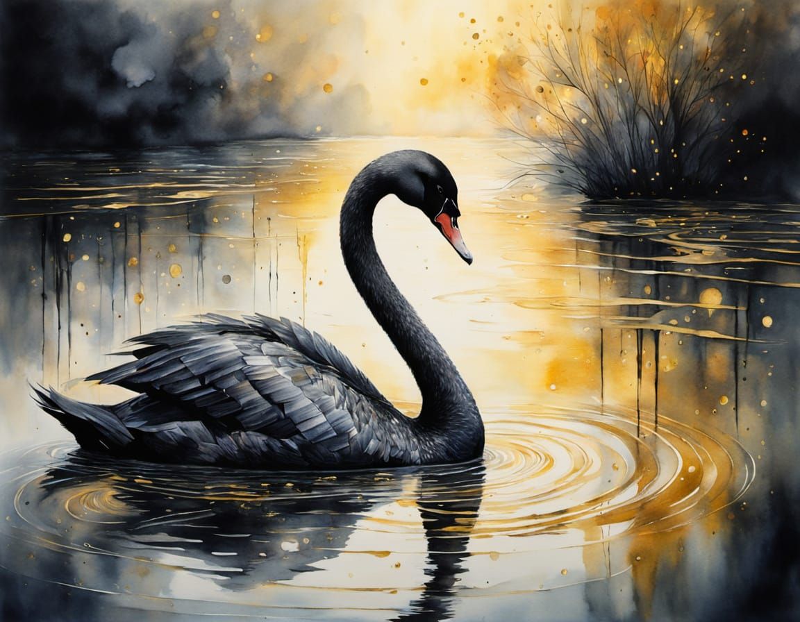 Black Swan on Golden Rippling Water in Watercolor Style