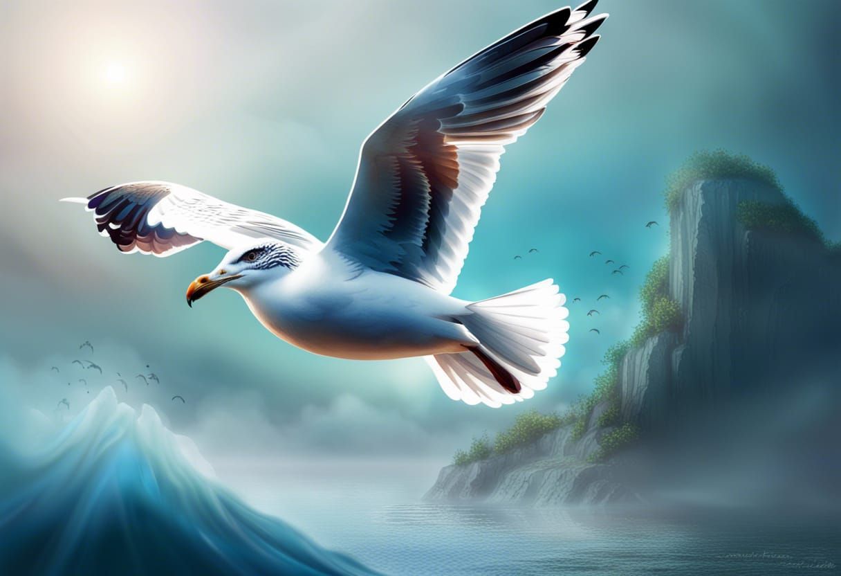 Seagull Over Misty Island in Hyperrealistic Splash Art