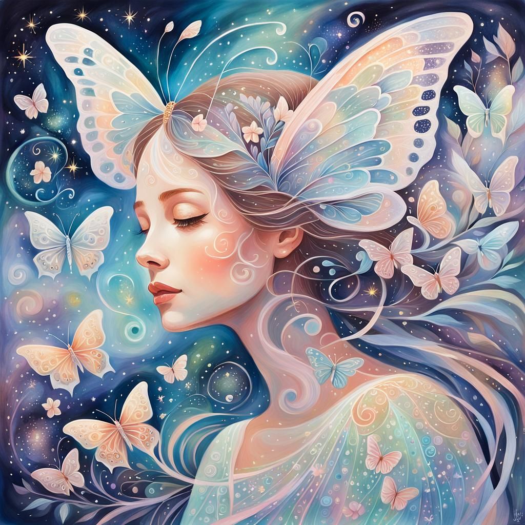 Celestial Butterfly Portrait in Gouache Style