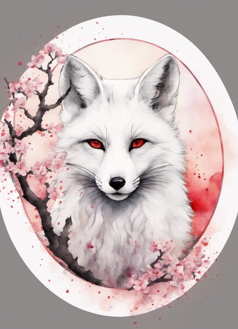 White Fox Portrait with Cherry Blossoms in Watercolor Ink