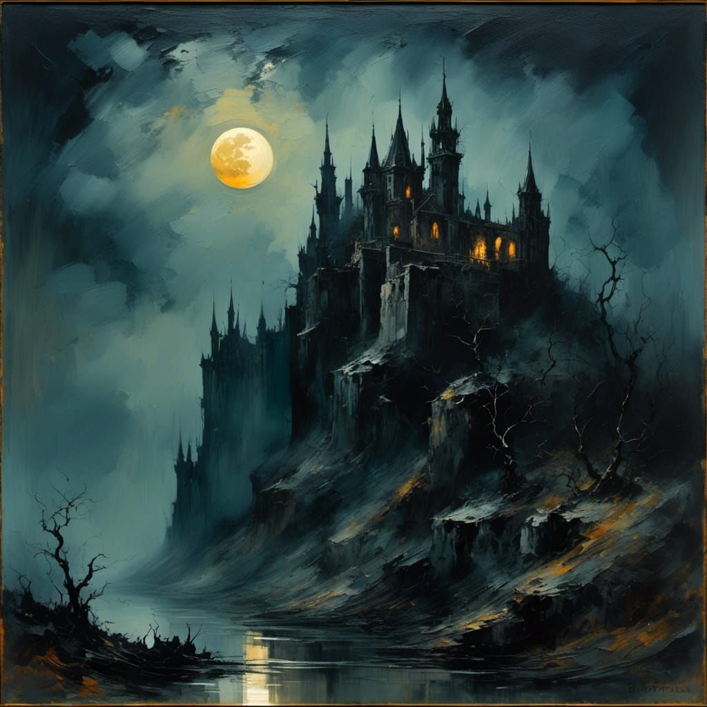 Eerie Gothic Castle Landscape in Moody Oil Painting