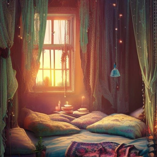 Boho Cottagecore Reading Nook with Twinkly Lights