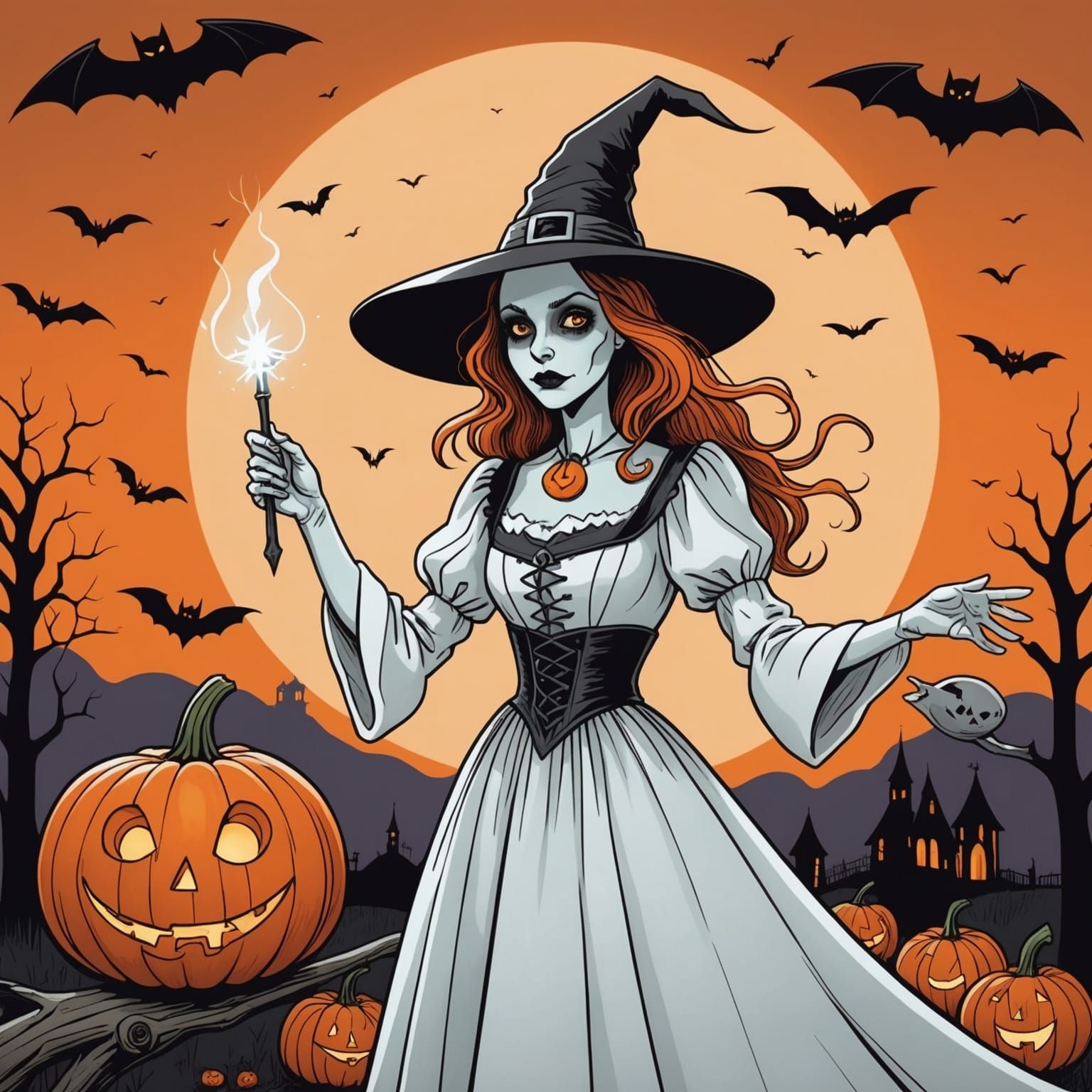 Witch with Pumpkin in Tim Burton Cartoon Style