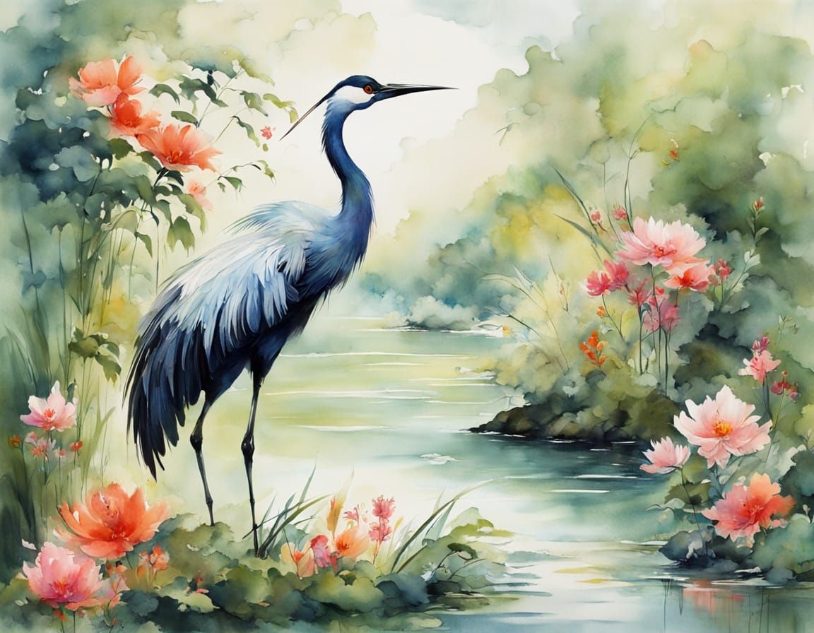 Serenely Standing Oriental Crane in Watercolour