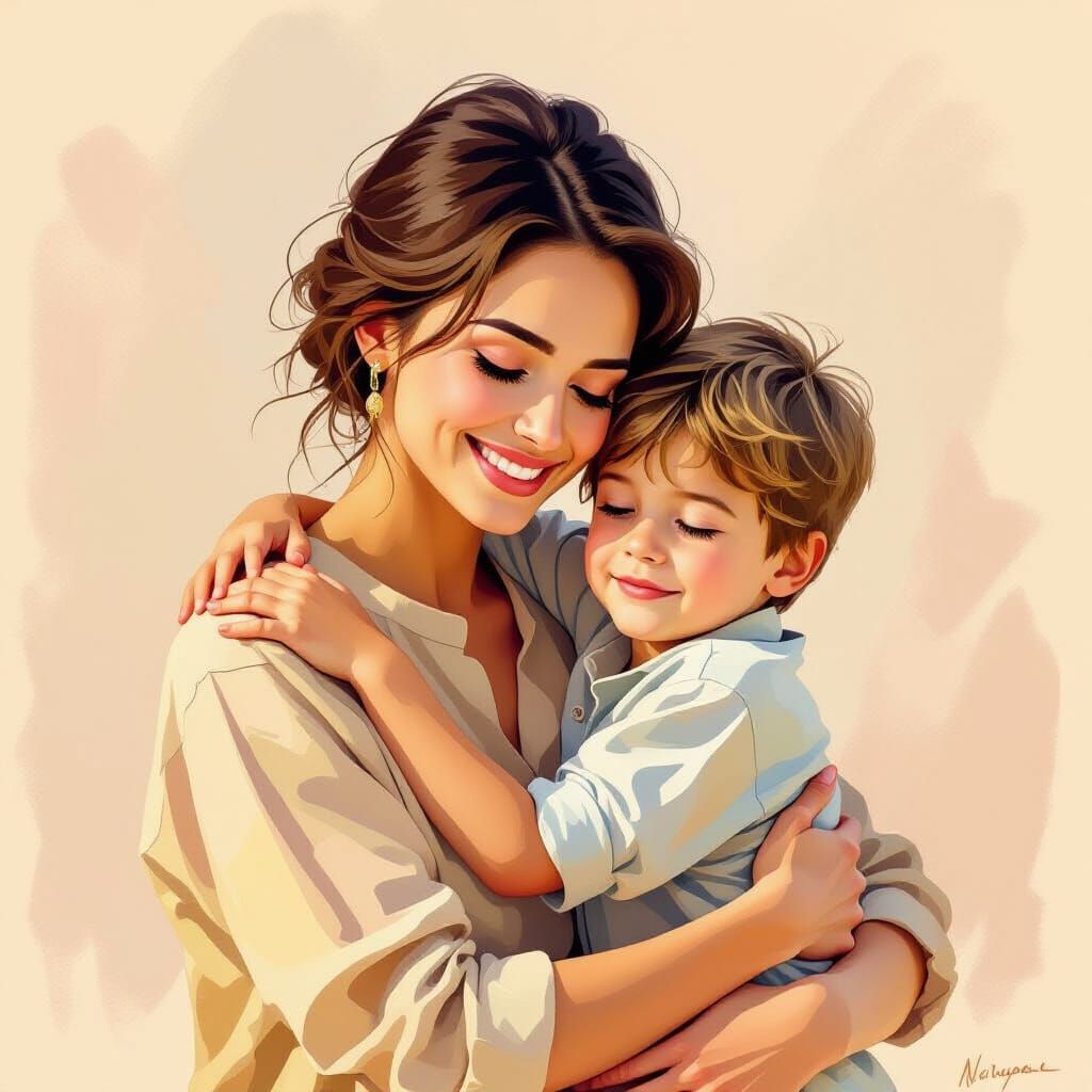 Loving Mother and Son Embrace in Pastel Colors