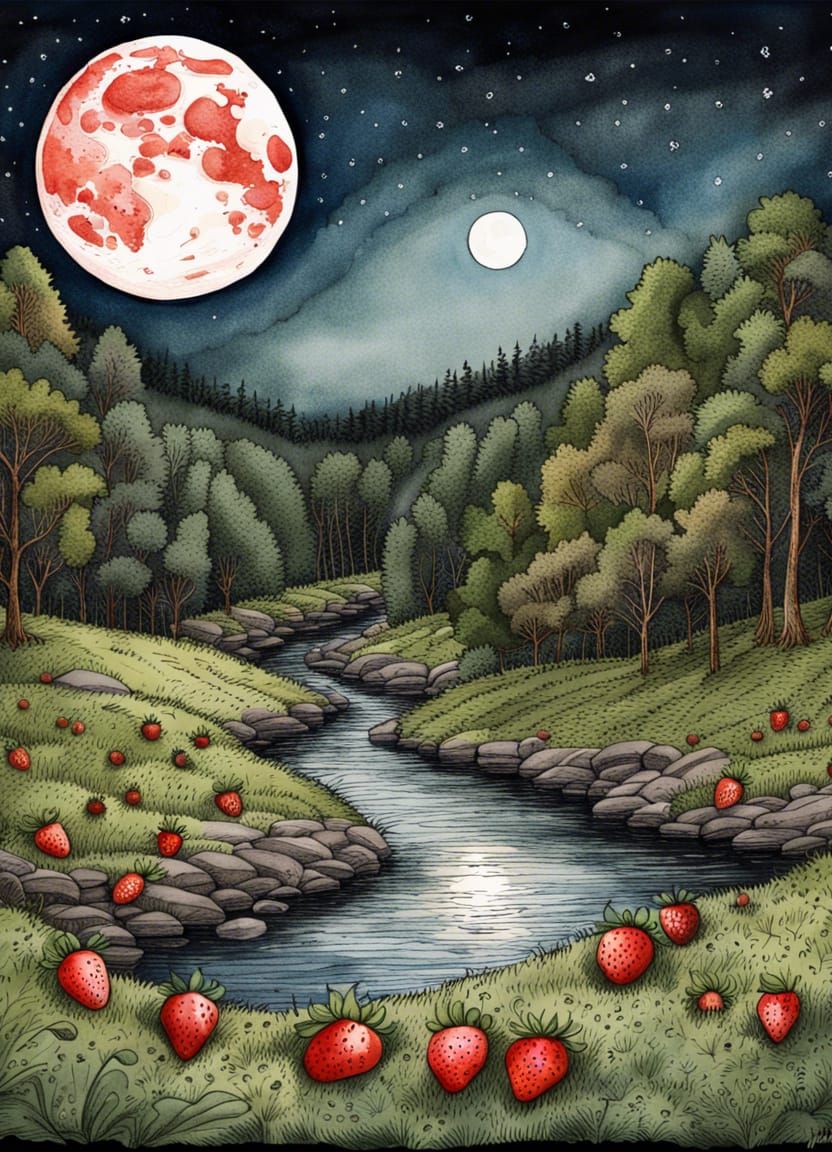 Strawberry Moon over Appalachian Meadow, Watercolor Illustra...