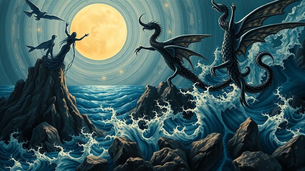 Sirens Lure Sailors in Abstract Surreal Seascape