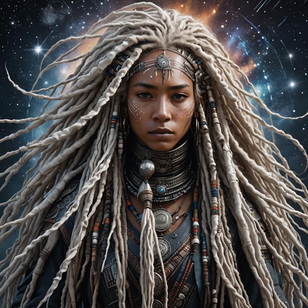 Tribal Woman with White Dreadlocks in Space