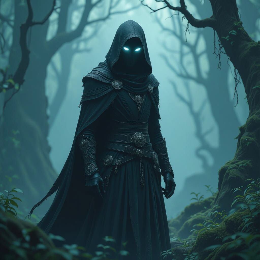 Mysterious Assassin With Glowing White Eyes in Dark Forest