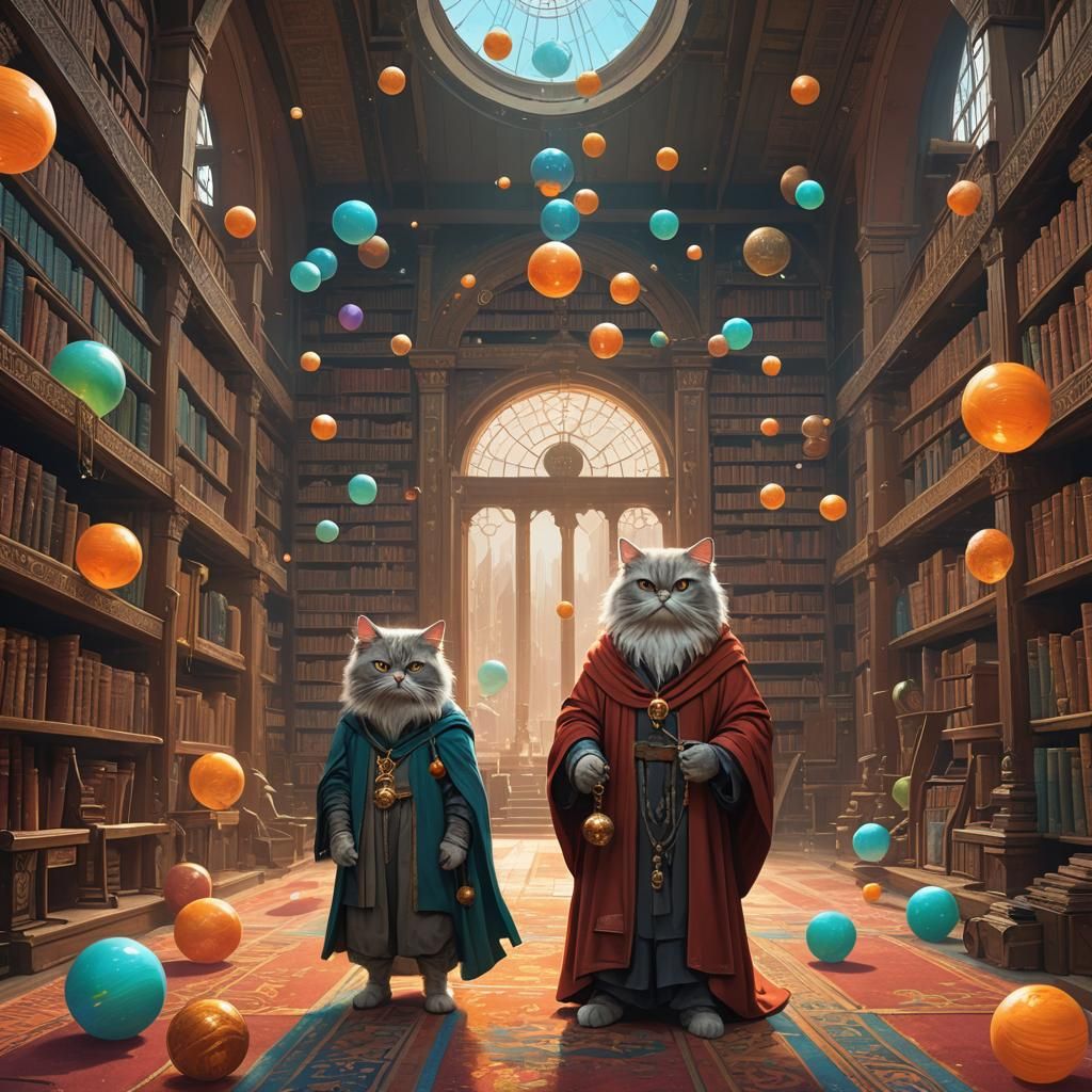Persian Cat Monk Wizard in Mystical Library