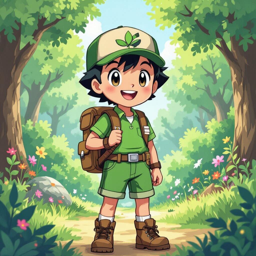 Cheerful Boy Pokémon Trainer as Forest Explorer in Cartoon S...