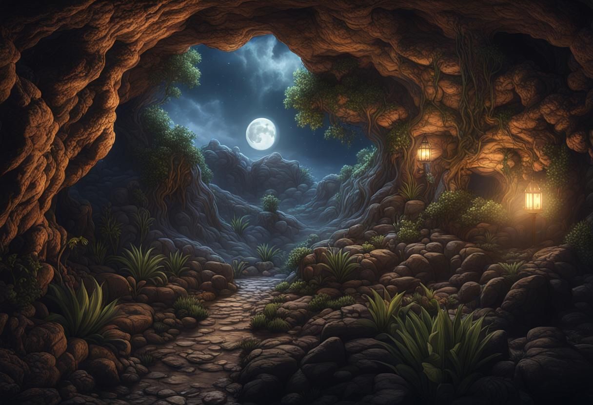 Moonlit Cave Encounter in a Fantastical Realm