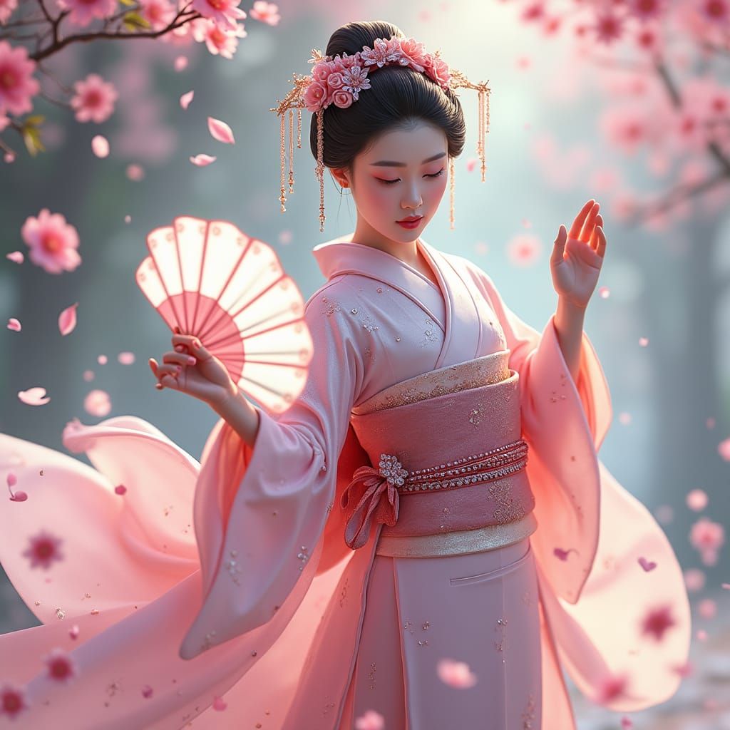 Geisha Dances in Cherry Blossoms: Dreamy Digital Art