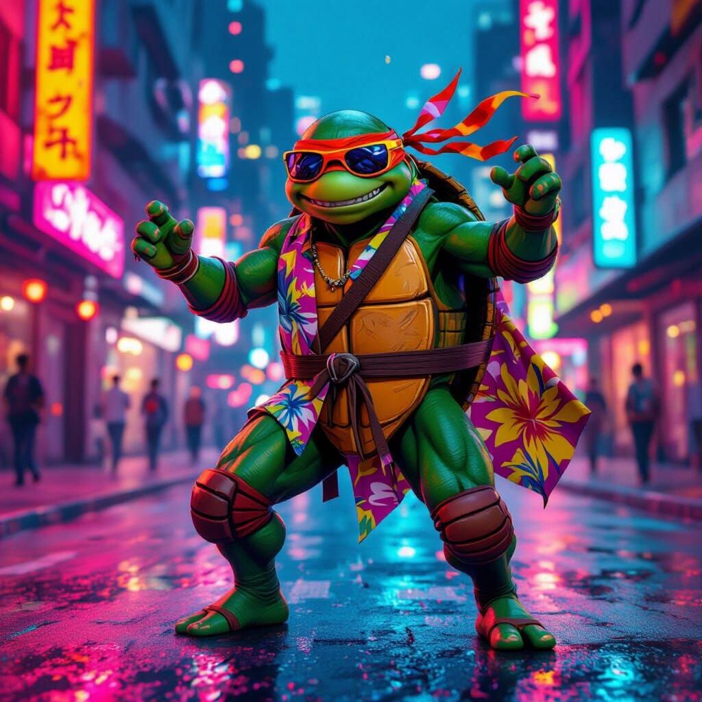 Ninja Turtle Dancing in Neon City as Digital Art