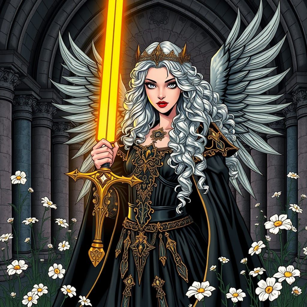 Dark Gothic Angel Queen in a Majestic White Flower Meadow