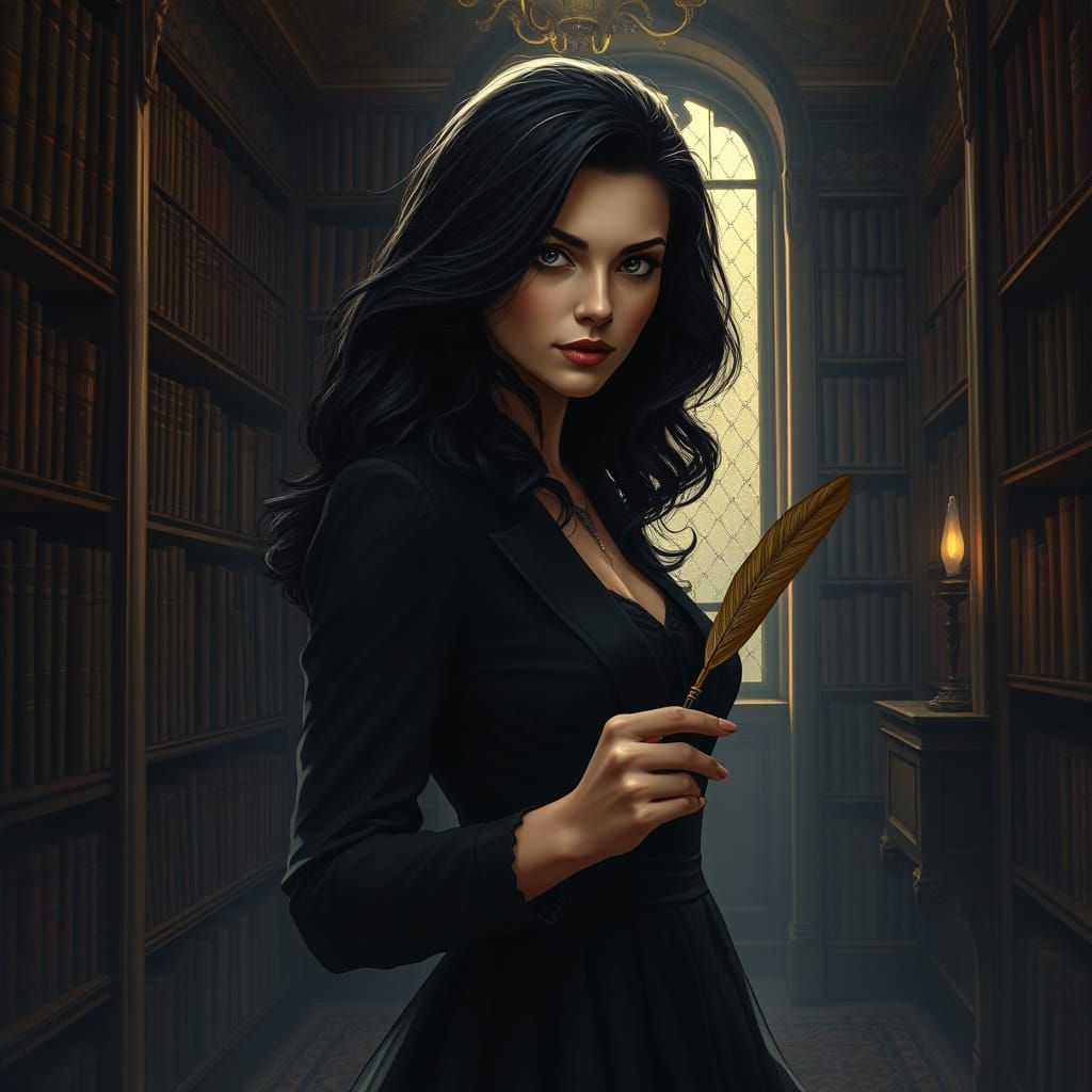 Elegant Woman in Opulent Library with Quill Pen