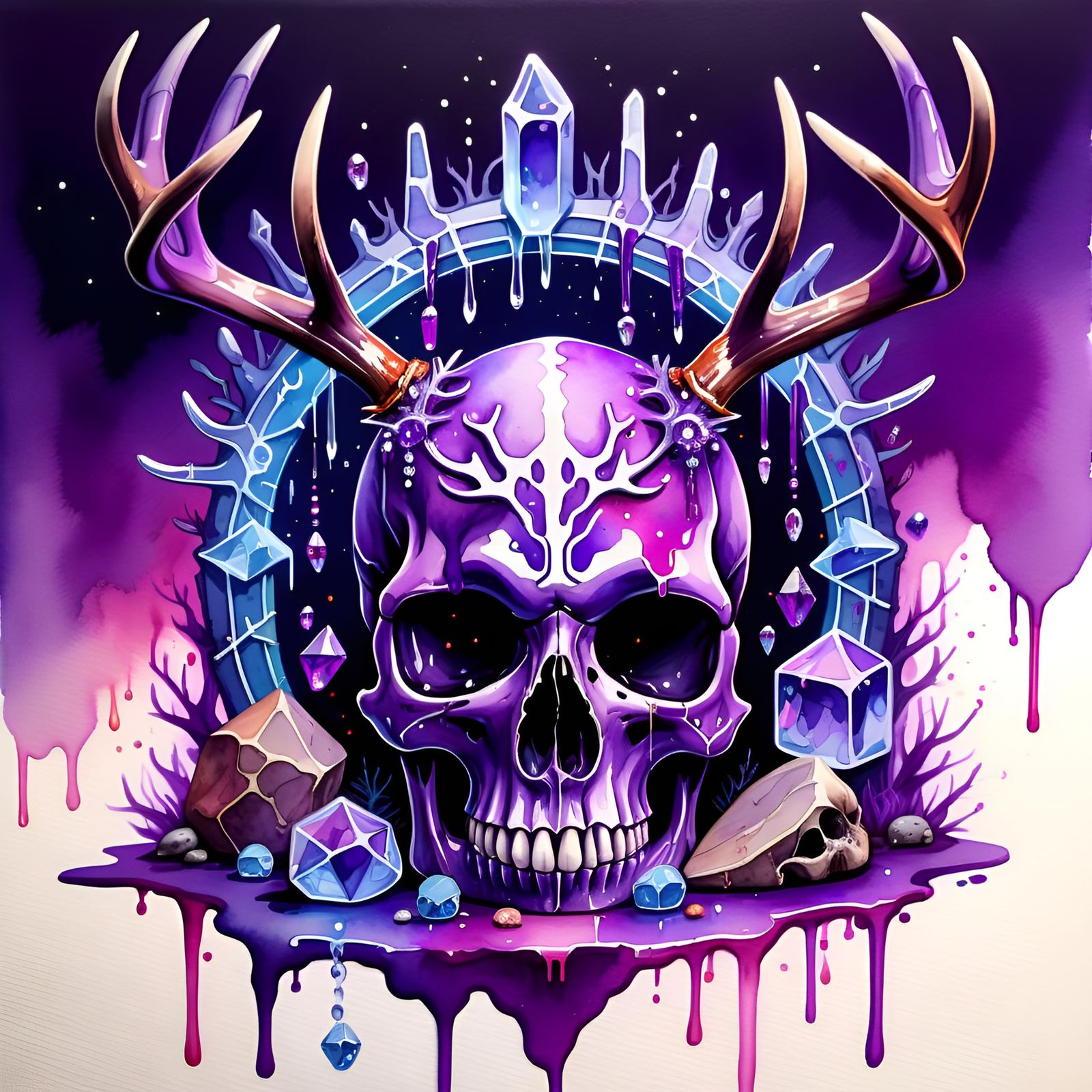 Watercolour Skull Drenched in Purple Liquid Shines Among Cry...