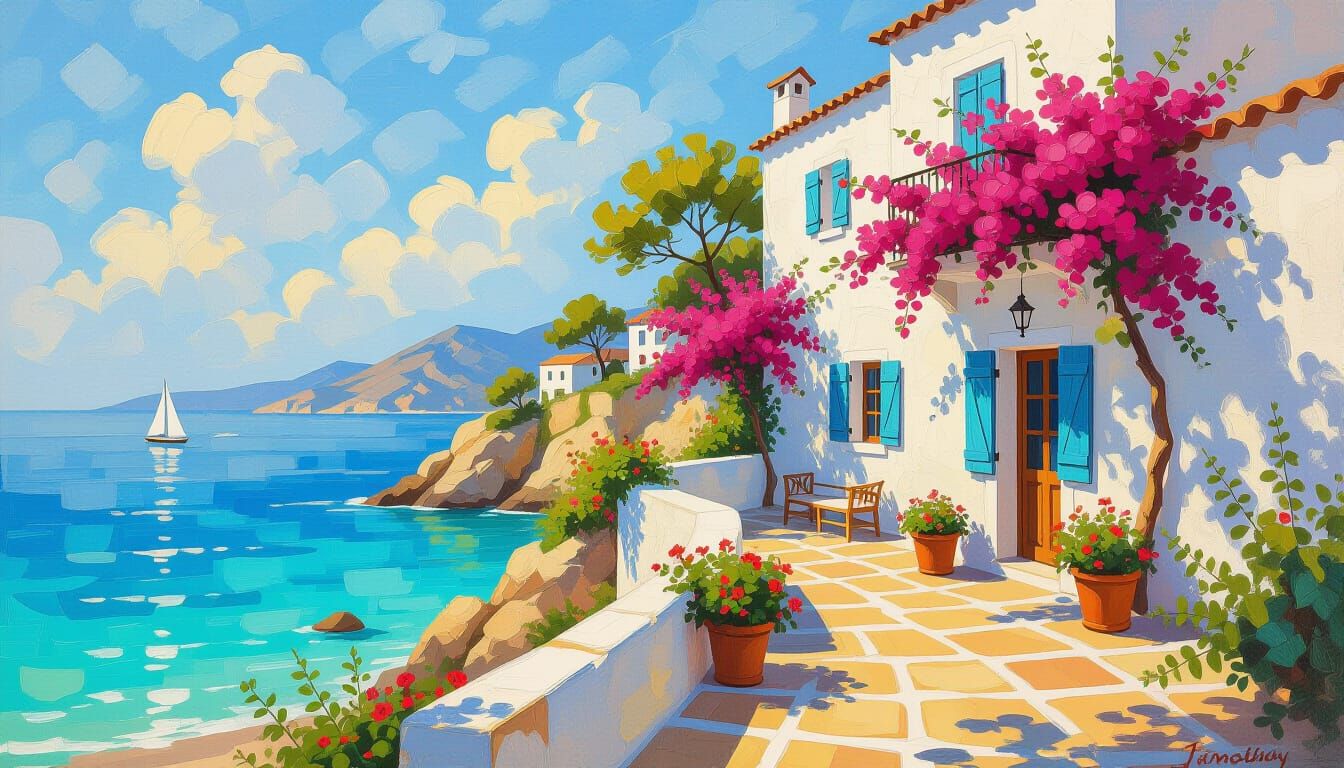 Mediterranean Seaside Home in Impasto Oil Painting Style