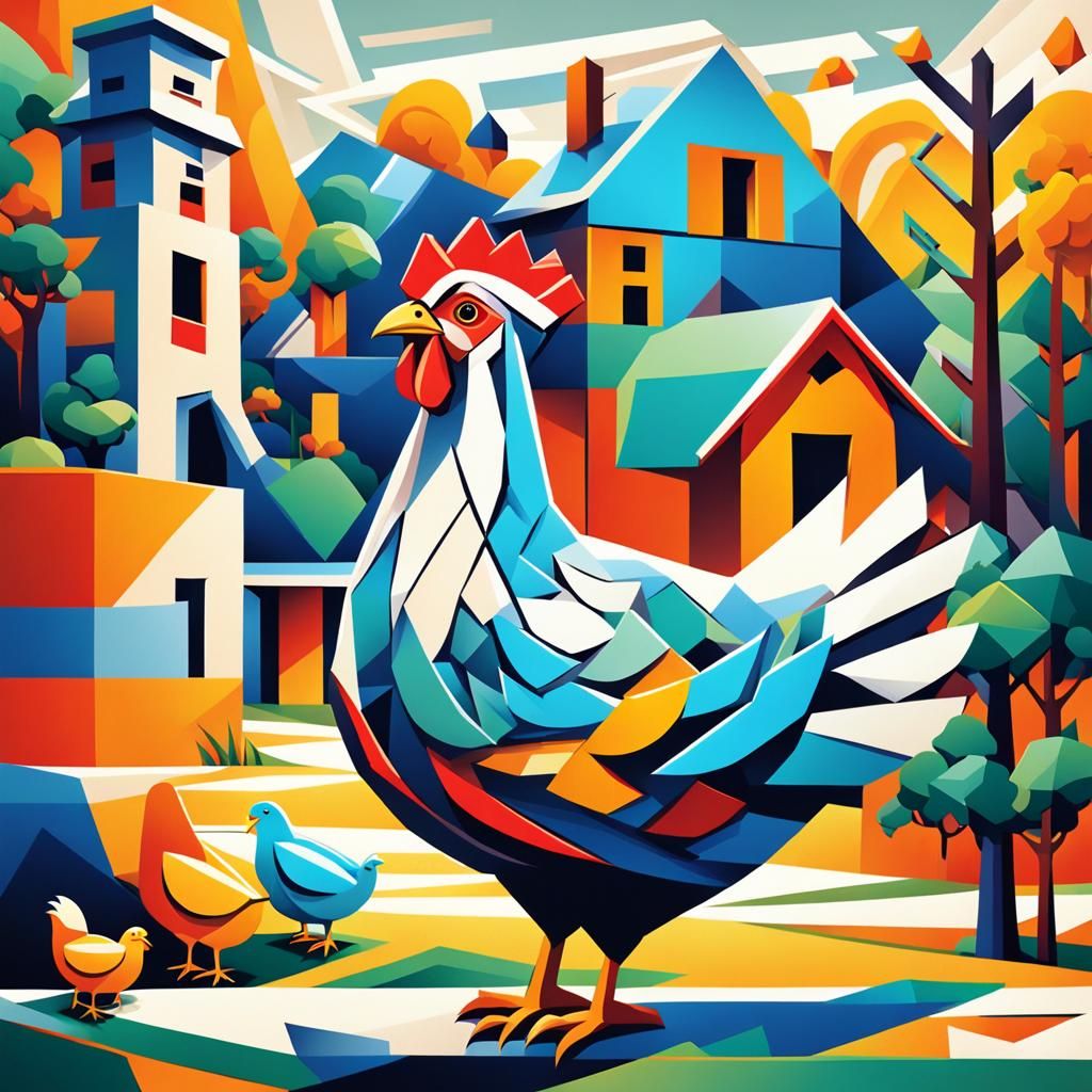 Cubist Mother Hen and Chicks in Village Scene