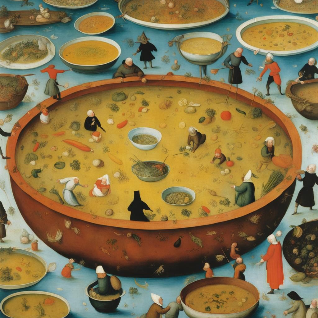 People Swimming in Vegetable Soup, Bosch Style