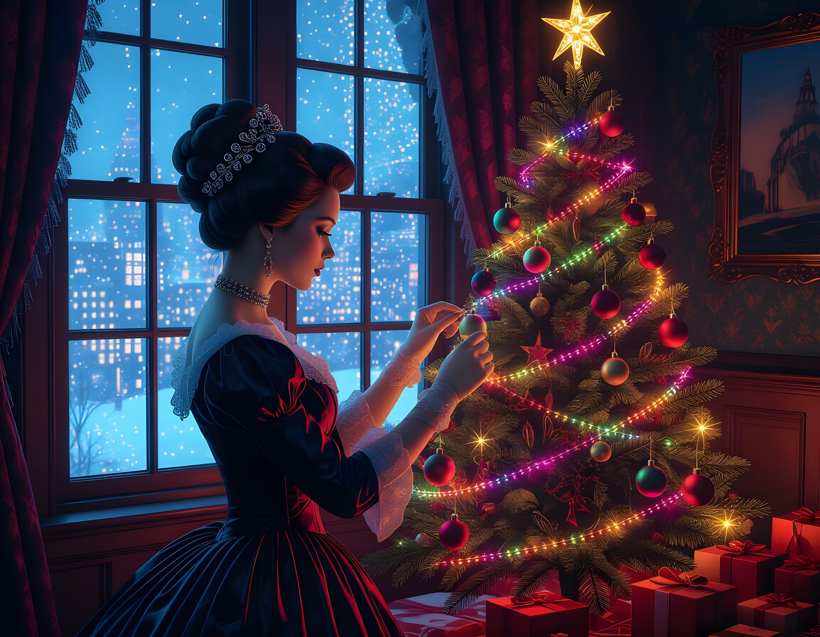 Festive Girl Decorates Christmas Tree in Neon Cityscape