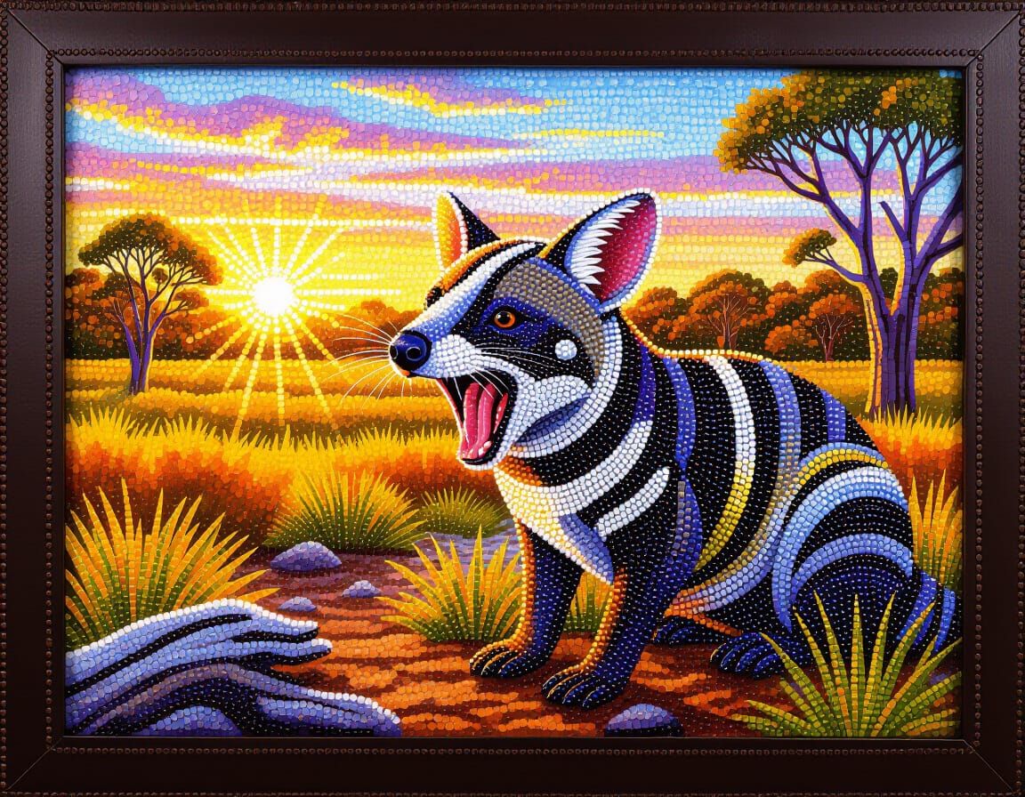 Beadwork portrait, a yawning Tasmanian tiger(Thylacinus cyno...
