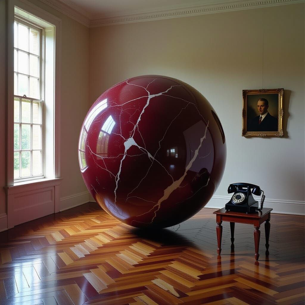 Giant Burgundy Marble Ball with Moonlit Telephone
