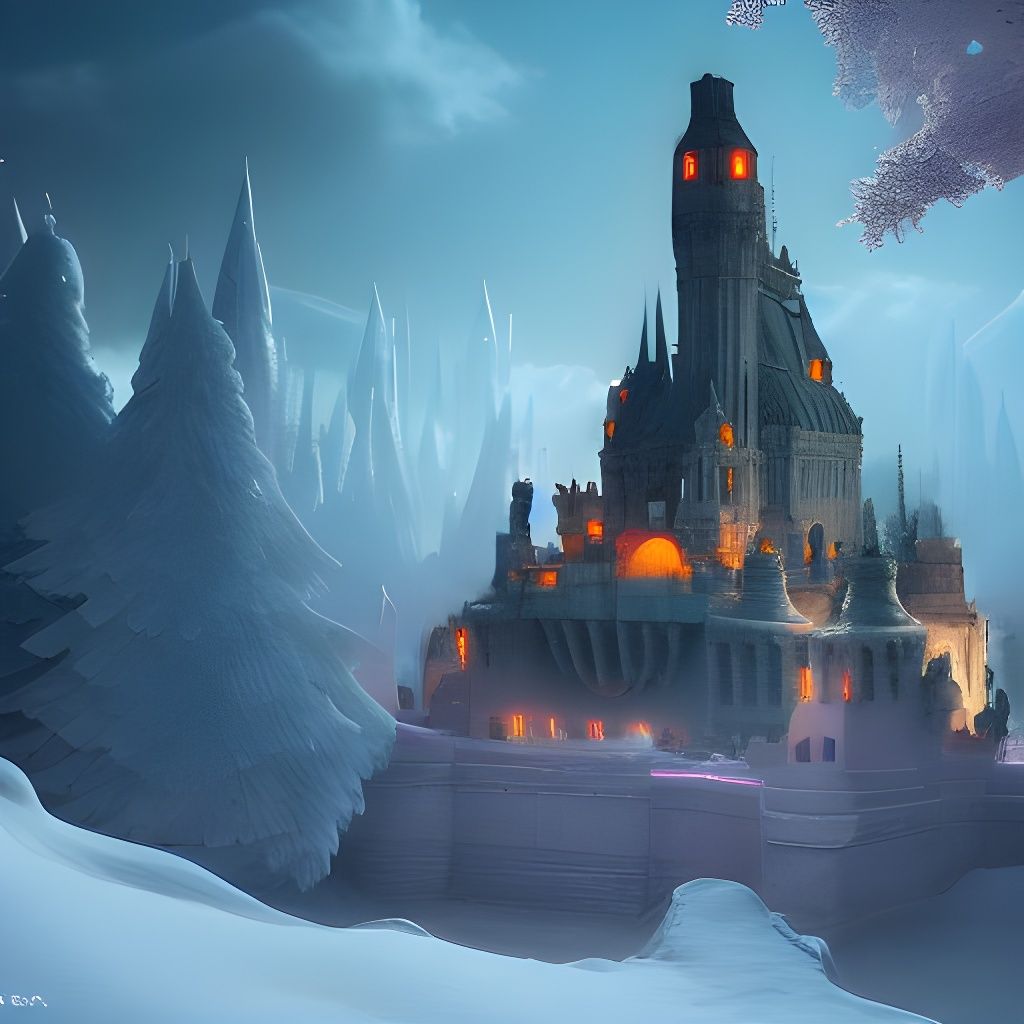 Demonic Castle in Winter Landscape, Oil Painting