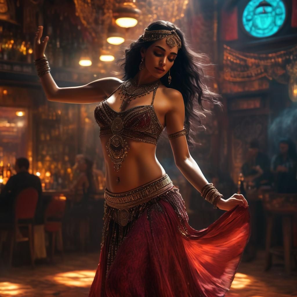 Belly Dancer in Bar, Maximalist Digital Painting