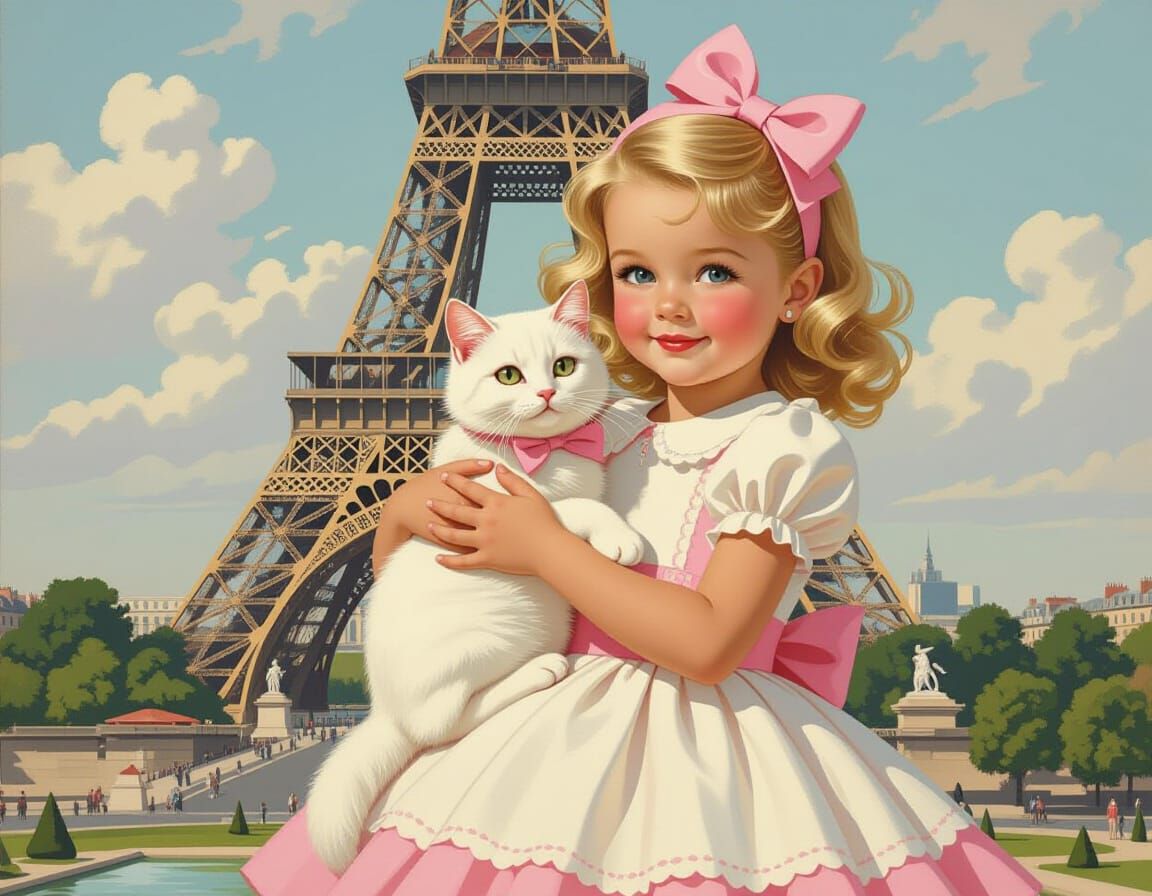 Girl with Cat in Paris, Vintage Pin-Up Style