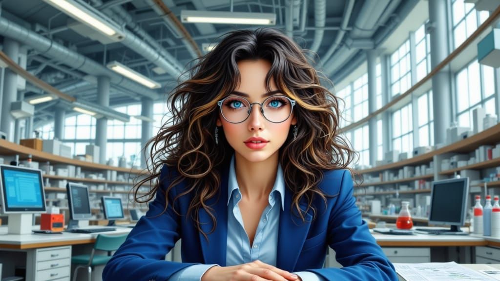 Young Scientist in Laboratory, Hyperrealistic Illustration