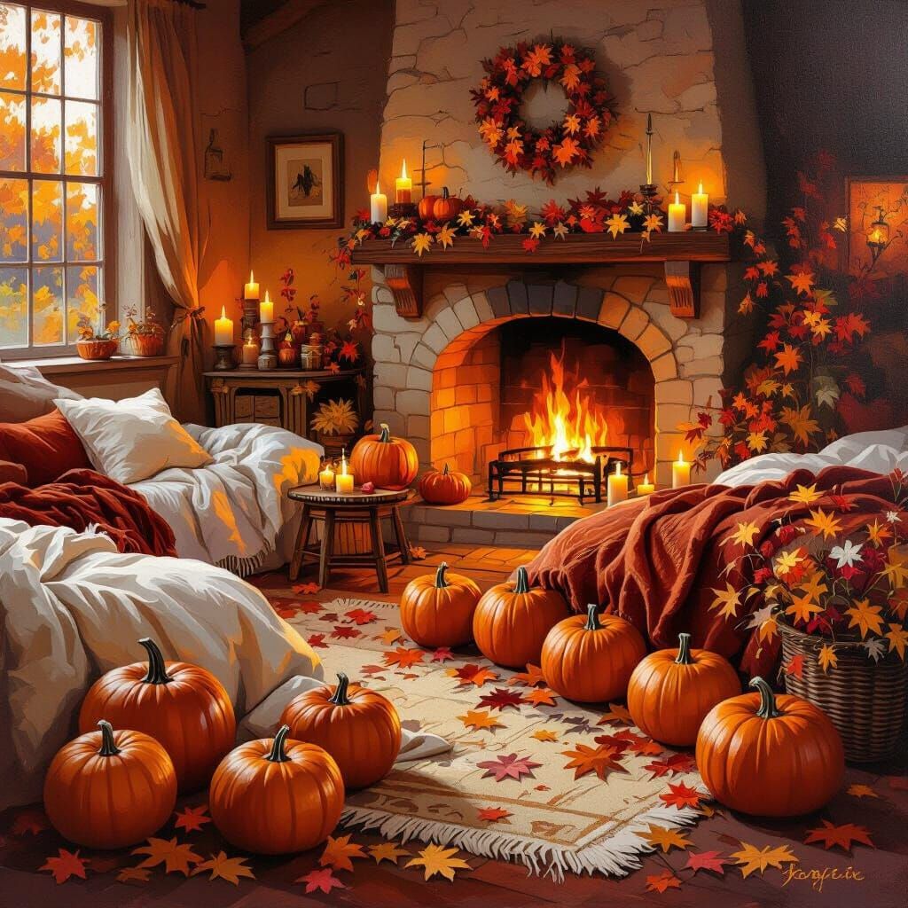 Cozy Autumn Room with Fireplace and Pumpkins