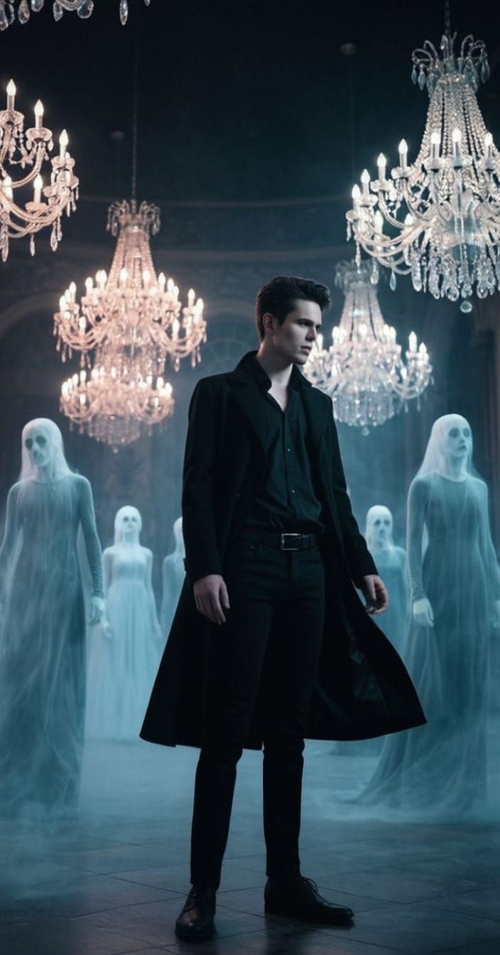 Vampire in Ghostly Ballroom with Glowing Chandeliers