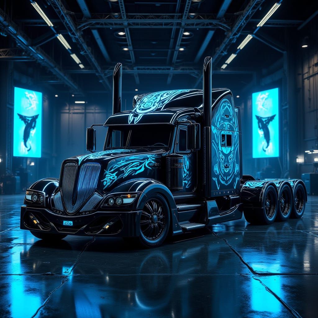 Cyberpunk Semi-Truck in Showroom