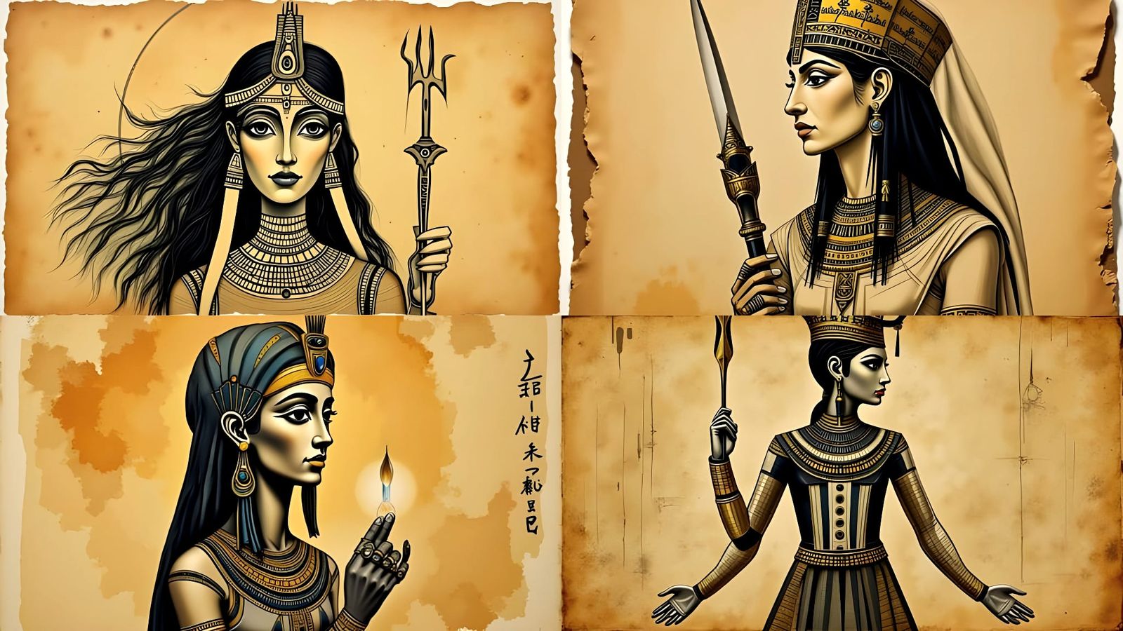 Regal Egyptian Princess Charcoal Sketch on Parchment