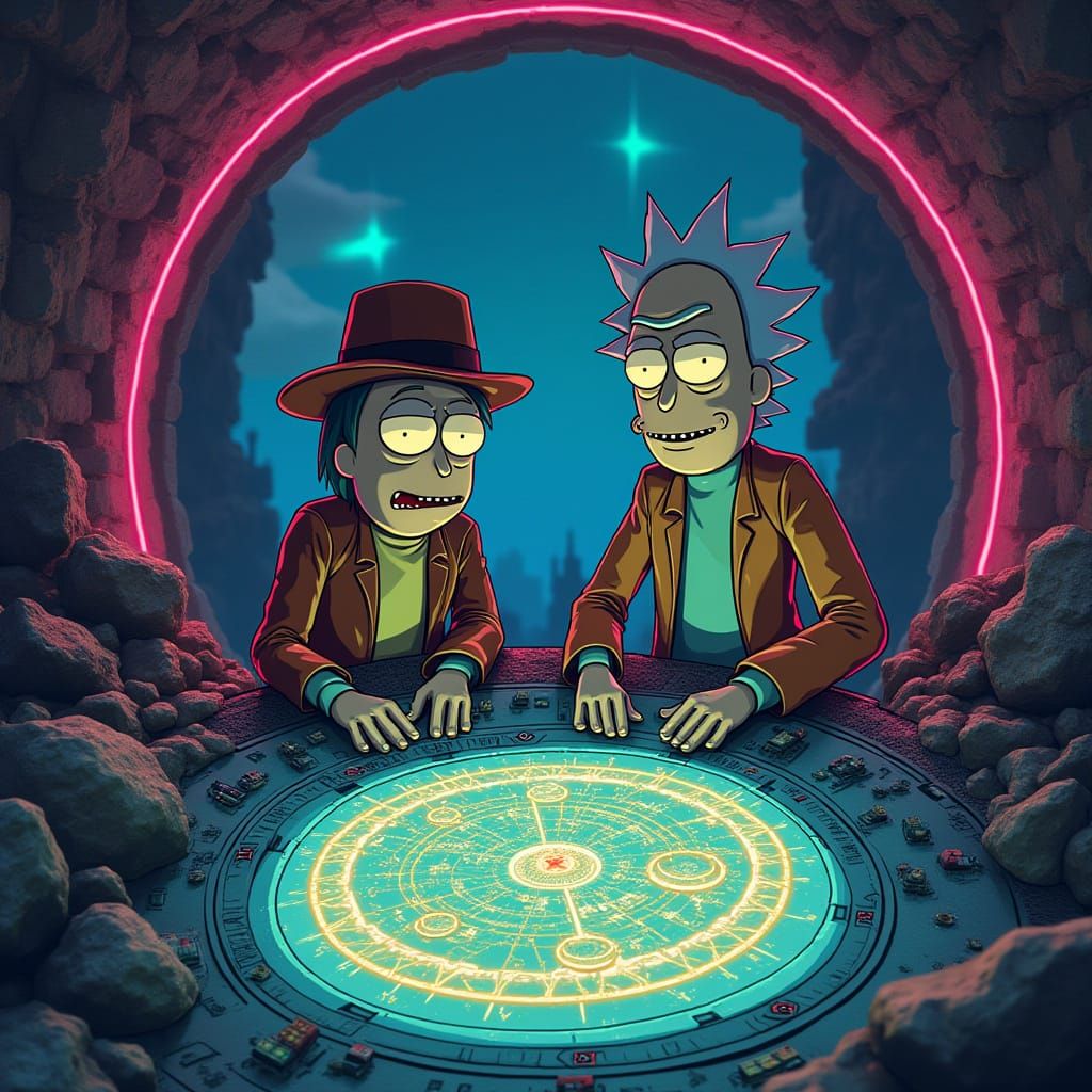 Rick and Morty as Archaeologists in Cyberpunk City