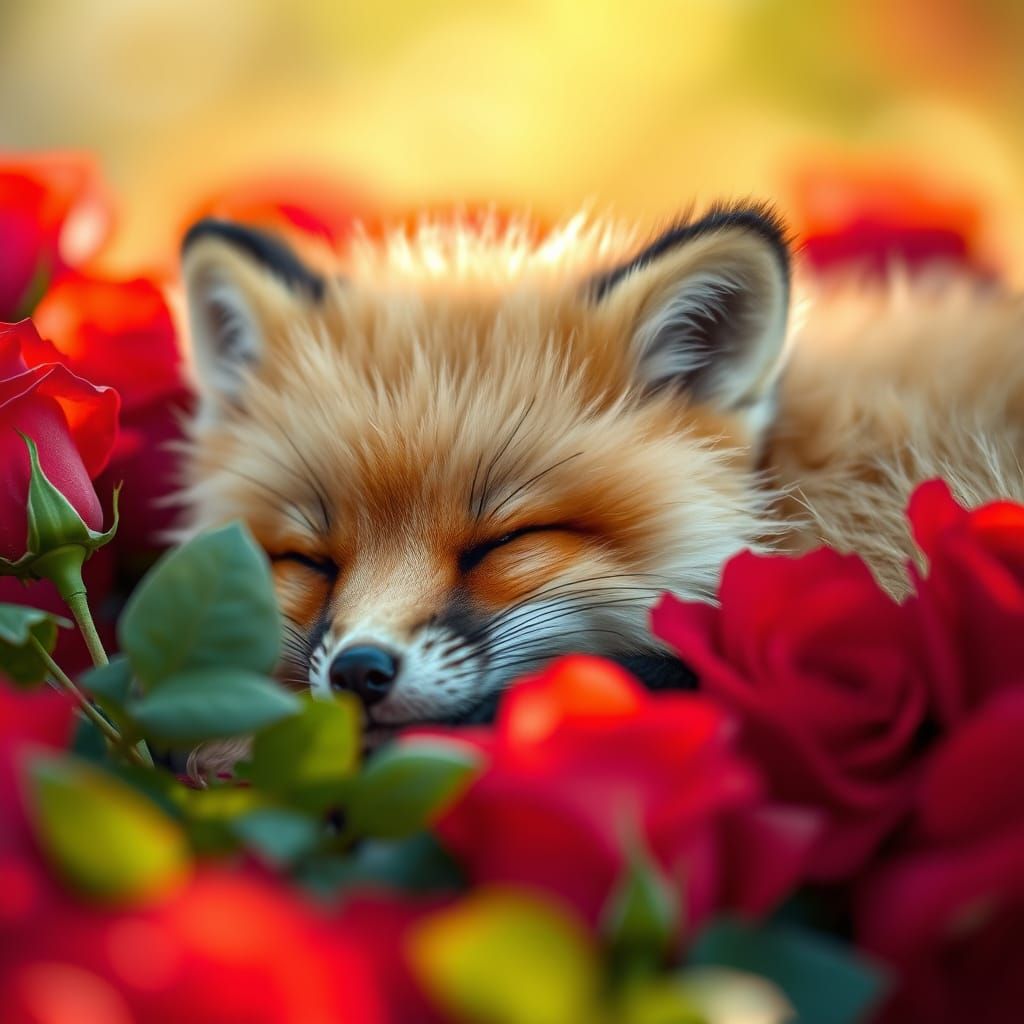 Fluffy fox sleeping on red roses
