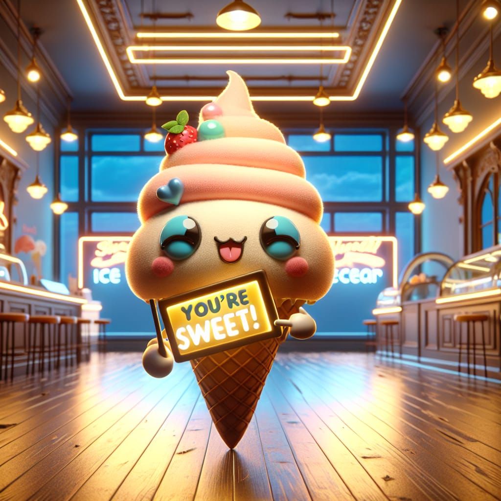 Cute Ice Cream Cone Character in CGI Style