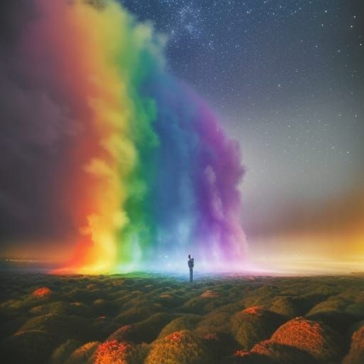 People Dancing on Clouds Under Rainbow Starry Sky