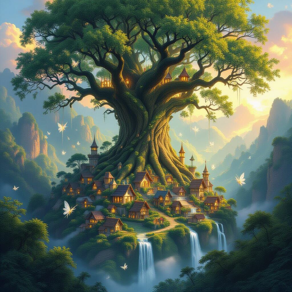 Fairy Village Nestled in Ancient Tree, Digital Matte Paintin...