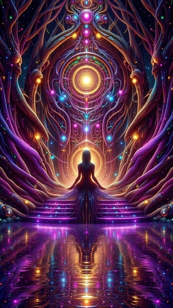 <lora:NeoFluxGothic:1.0> a space themed lake place where a space goddess would be with some stairs that lead down to hea...