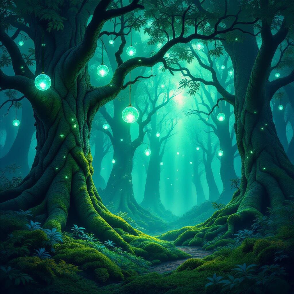 Enchanted Forest with Glowing Orbs and Aurora Sky