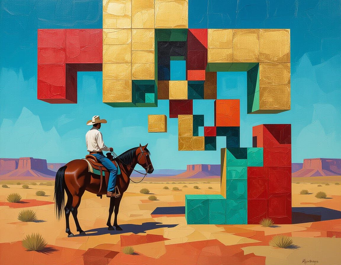 Cowboy in Desert Oil Painting with Textured Layers