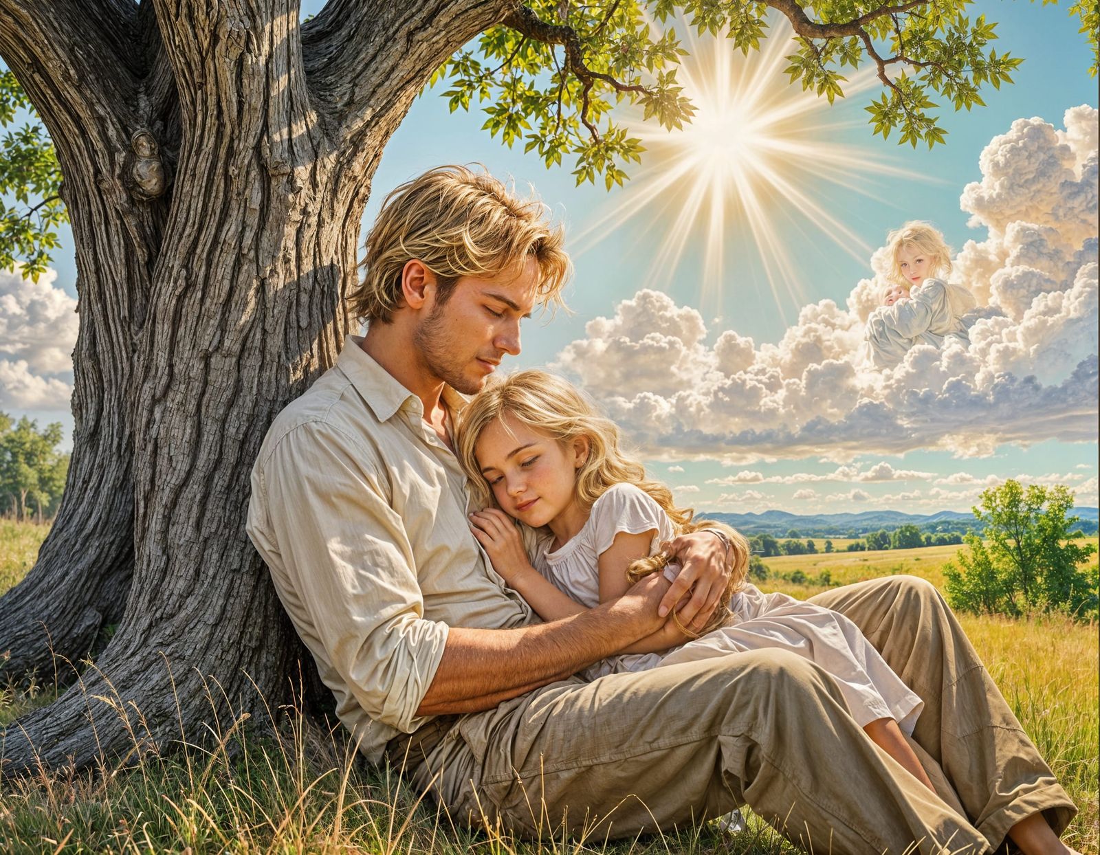 Vintage Impasto Painting of Man and Child